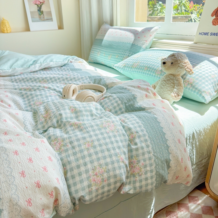 91家纺网 家纺一手货源 找家纺 梵希雅 2026新款A类木棉皱皱纱四件套 青格花信