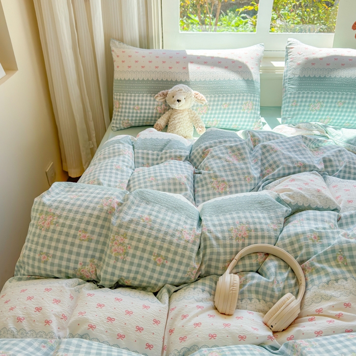 91家纺网 家纺一手货源 找家纺 梵希雅 2026新款A类木棉皱皱纱四件套 青格花信