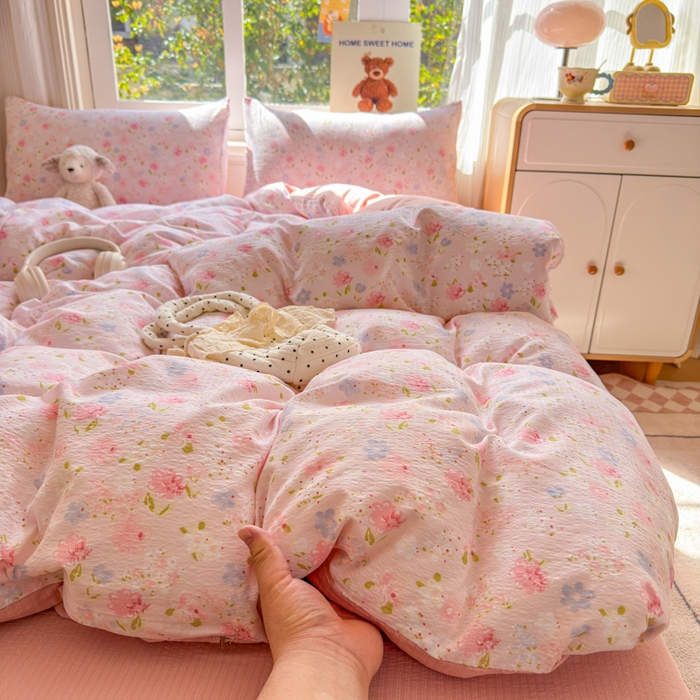 91家纺网 家纺一手货源 找家纺 梵希雅 2026新款A类木棉皱皱纱四件套 樱粉星野