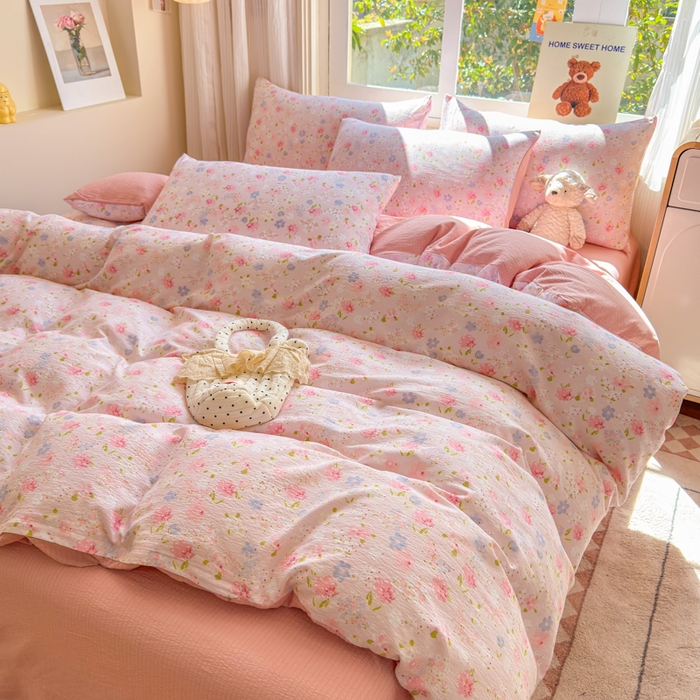 91家纺网 家纺一手货源 找家纺 梵希雅 2026新款A类木棉皱皱纱四件套 樱粉星野