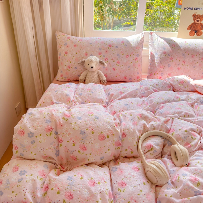 91家纺网 家纺一手货源 找家纺 梵希雅 2026新款A类木棉皱皱纱四件套 樱粉星野