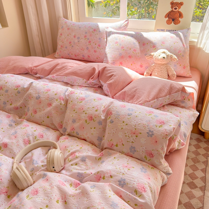 91家纺网 家纺一手货源 找家纺 梵希雅 2026新款A类木棉皱皱纱四件套 樱粉星野