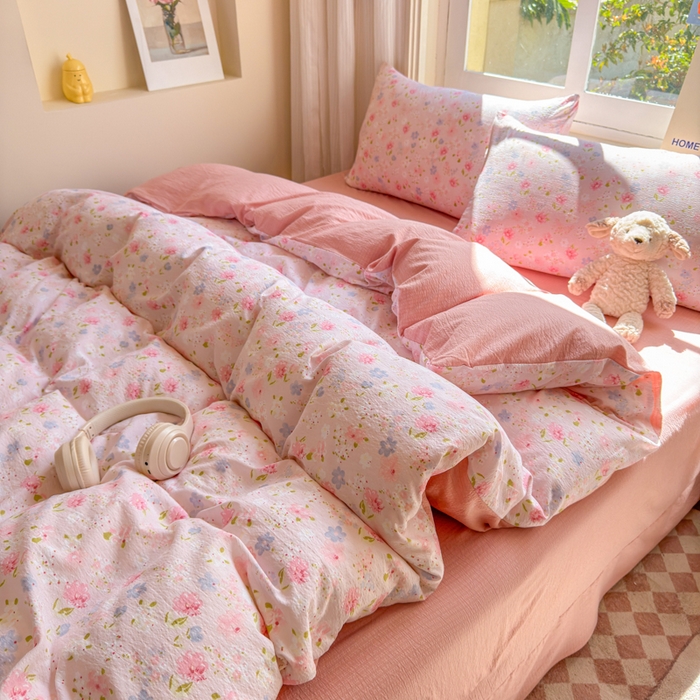 91家纺网 家纺一手货源 找家纺 梵希雅 2026新款A类木棉皱皱纱四件套 樱粉星野