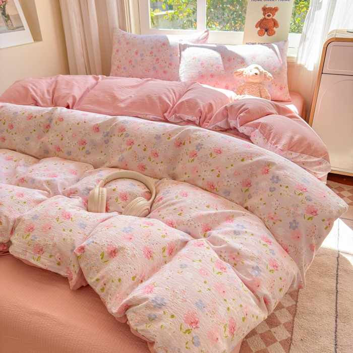 91家纺网 家纺一手货源 找家纺 梵希雅 2026新款A类木棉皱皱纱四件套 樱粉星野