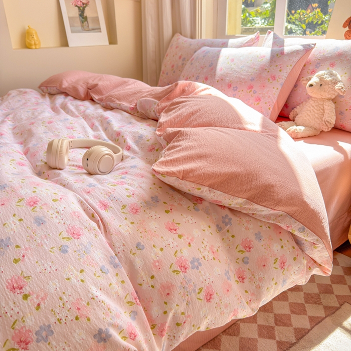 91家纺网 家纺一手货源 找家纺 梵希雅 2026新款A类木棉皱皱纱四件套 樱粉星野