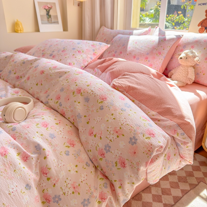 91家纺网 家纺一手货源 找家纺 梵希雅 2026新款A类木棉皱皱纱四件套 樱粉星野