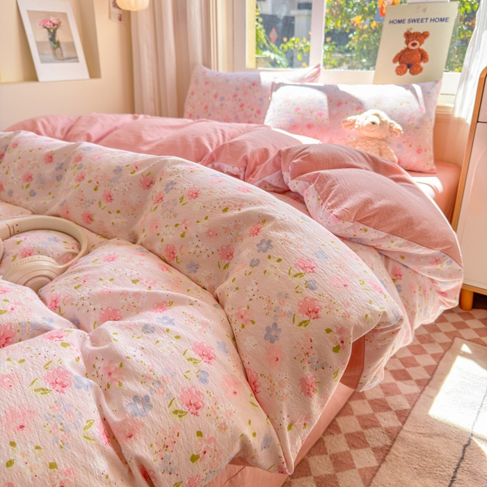 91家纺网 家纺一手货源 找家纺 梵希雅 2026新款A类木棉皱皱纱四件套 樱粉星野