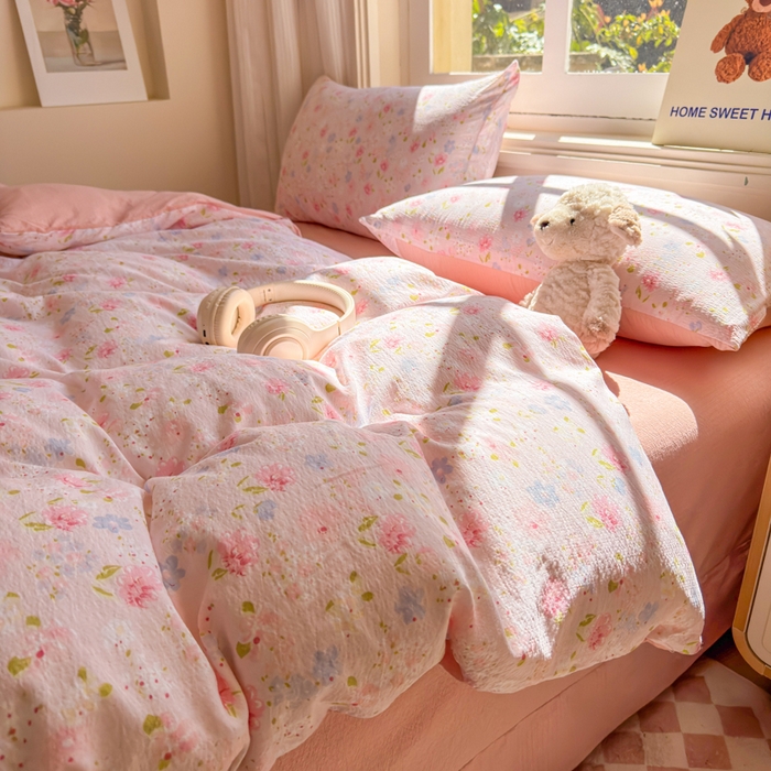 91家纺网 家纺一手货源 找家纺 梵希雅 2026新款A类木棉皱皱纱四件套 樱粉星野