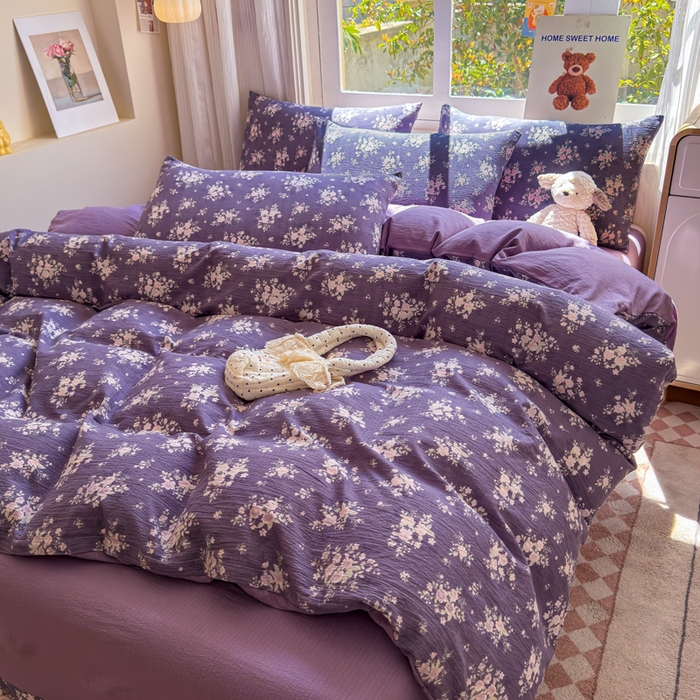 91家纺网 家纺一手货源 找家纺 梵希雅 2026新款A类木棉皱皱纱四件套 紫雾花野