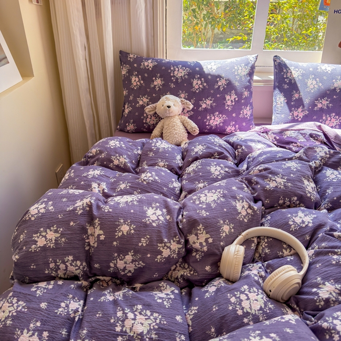 91家纺网 家纺一手货源 找家纺 梵希雅 2026新款A类木棉皱皱纱四件套 紫雾花野