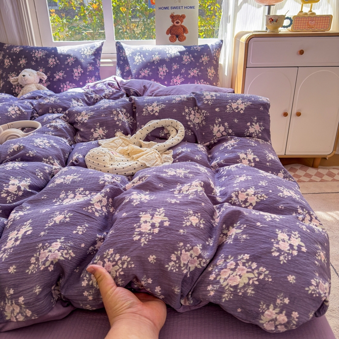 91家纺网 家纺一手货源 找家纺 梵希雅 2026新款A类木棉皱皱纱四件套 紫雾花野