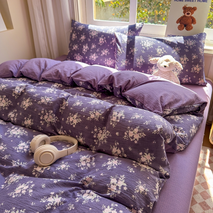 91家纺网 家纺一手货源 找家纺 梵希雅 2026新款A类木棉皱皱纱四件套 紫雾花野