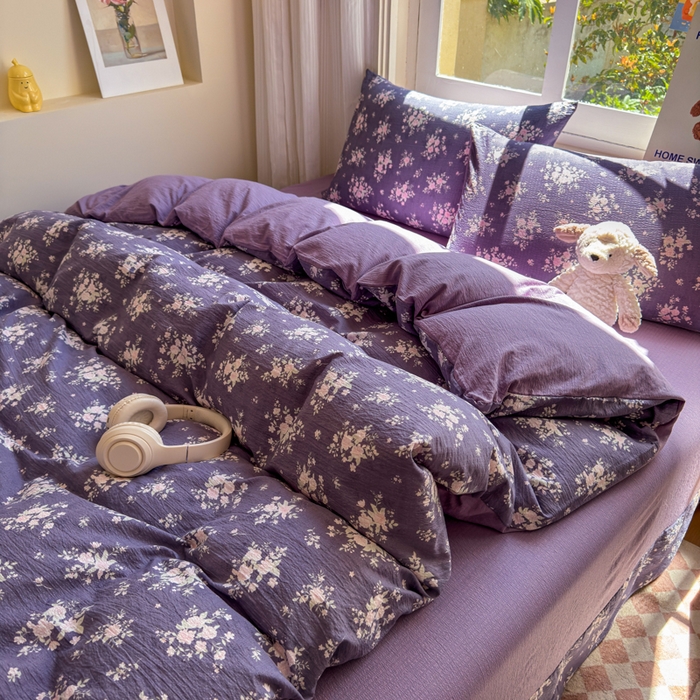 91家纺网 家纺一手货源 找家纺 梵希雅 2026新款A类木棉皱皱纱四件套 紫雾花野