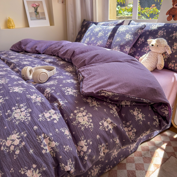 91家纺网 家纺一手货源 找家纺 梵希雅 2026新款A类木棉皱皱纱四件套 紫雾花野