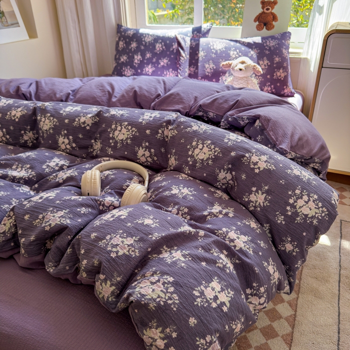 91家纺网 家纺一手货源 找家纺 梵希雅 2026新款A类木棉皱皱纱四件套 紫雾花野