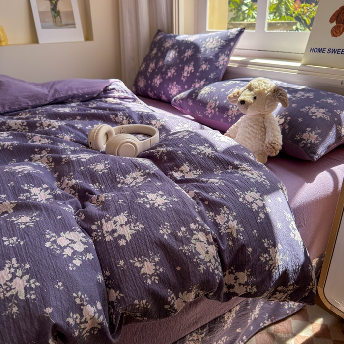 91家纺网 家纺一手货源 找家纺 梵希雅 2026新款A类木棉皱皱纱四件套 紫雾花野