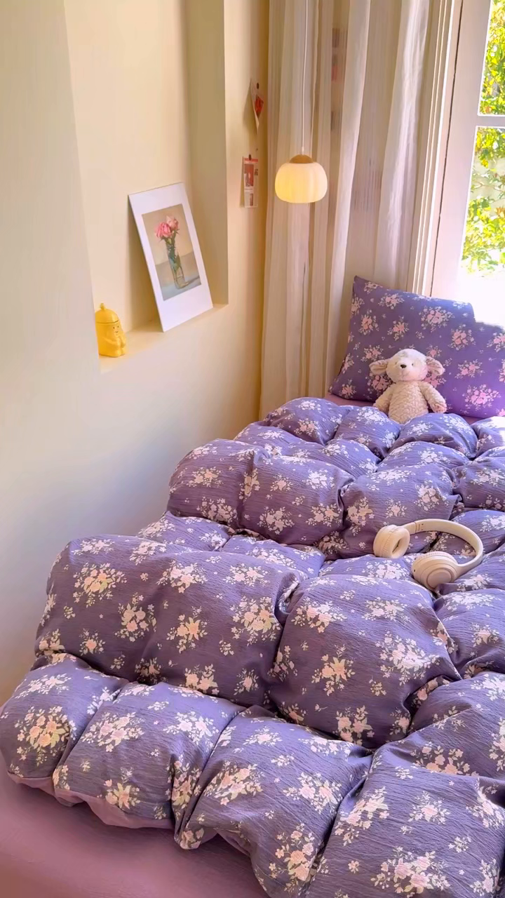 91家纺网 家纺一手货源 找家纺 梵希雅 2026新款A类木棉皱皱纱四件套 紫雾花野