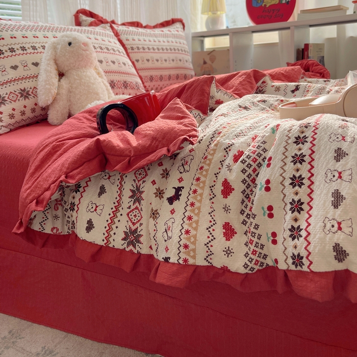 迪梦姿家纺 2026新款泡芙纱花边款夏被四件套 萌物条条