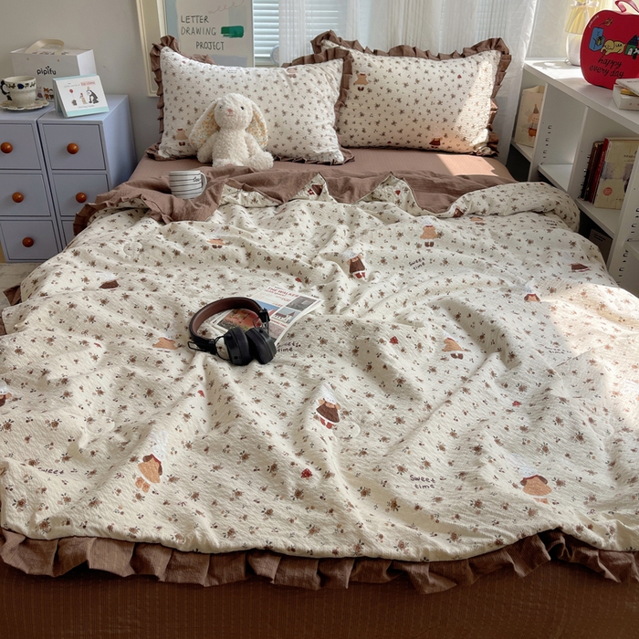 91家纺网 家纺一手货源 找家纺 迪梦姿家纺 2026新款泡芙纱花边款夏被四件套 田园兔