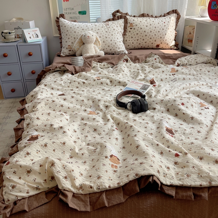 91家纺网 家纺一手货源 找家纺 迪梦姿家纺 2026新款泡芙纱花边款夏被四件套 田园兔