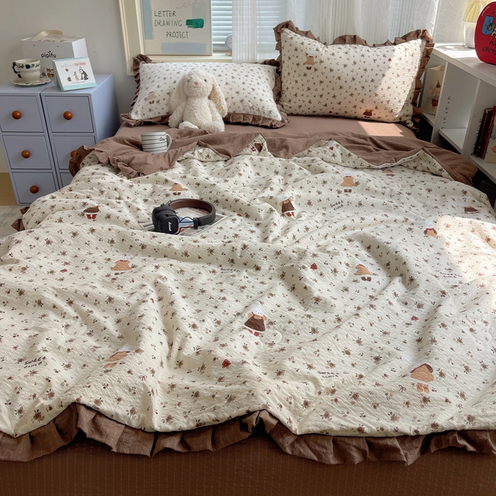 91家纺网 家纺一手货源 找家纺 迪梦姿家纺 2026新款泡芙纱花边款夏被四件套 田园兔