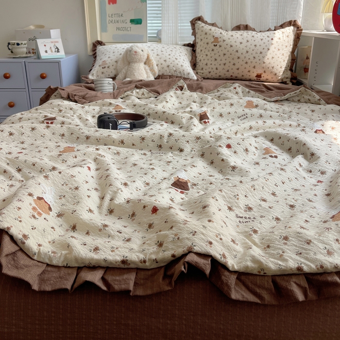 91家纺网 家纺一手货源 找家纺 迪梦姿家纺 2026新款泡芙纱花边款夏被四件套 田园兔