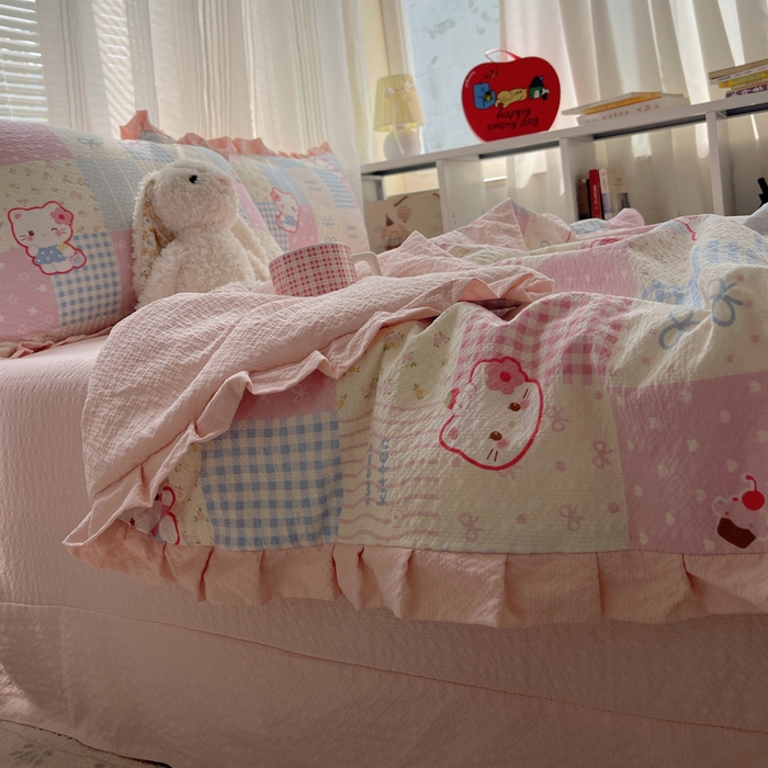 迪梦姿家纺 2026新款泡芙纱花边款夏被四件套 甜喵块块