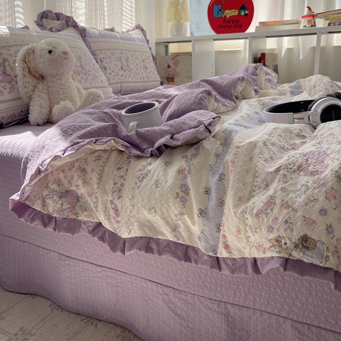 迪梦姿家纺 2026新款泡芙纱花边款夏被四件套 小兔裙边