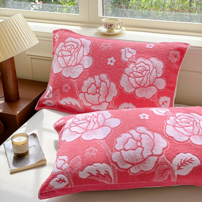 91家纺网 家纺一手货源 找家纺 乐家毛巾被（工厂自产自销） 2026新款A类全棉老上海毛圈枕巾 国色牡丹粉