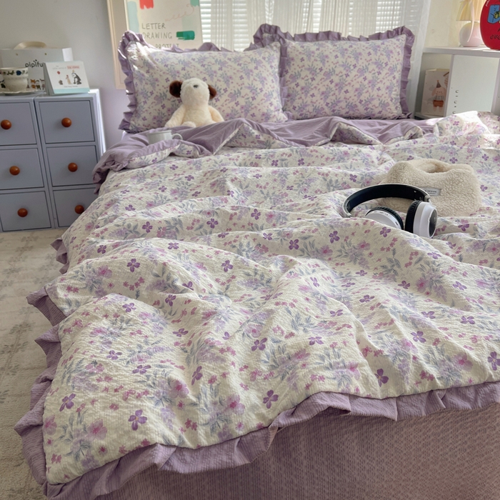 91家纺网 家纺一手货源 找家纺 迪梦姿家纺 2026新款泡芙纱花边款夏被四件套 紫雾花蝶集