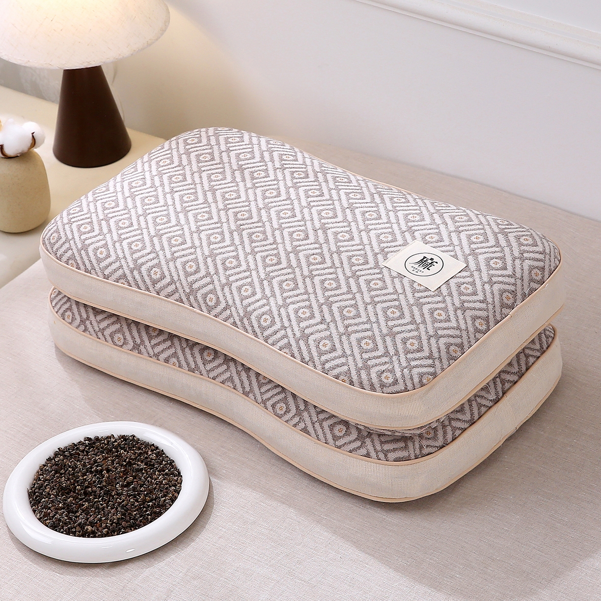 珍贝家纺 2026新款棉麻荞麦枕枕头枕芯 棉麻荞麦枕-回格纹