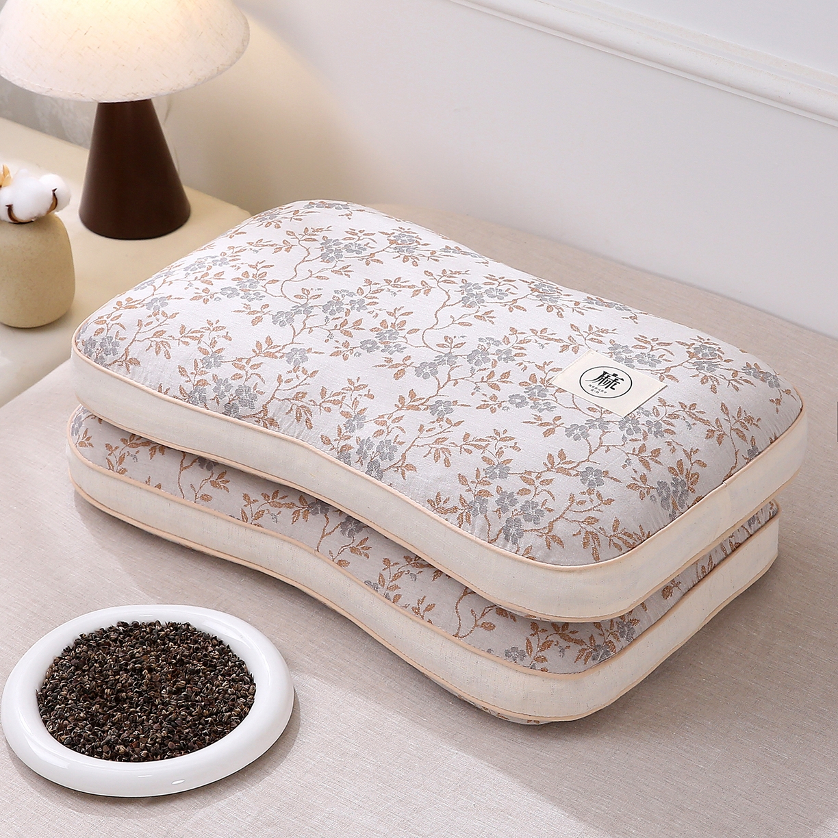 珍贝家纺 2026新款棉麻荞麦枕枕头枕芯 棉麻荞麦枕-藤蔓花