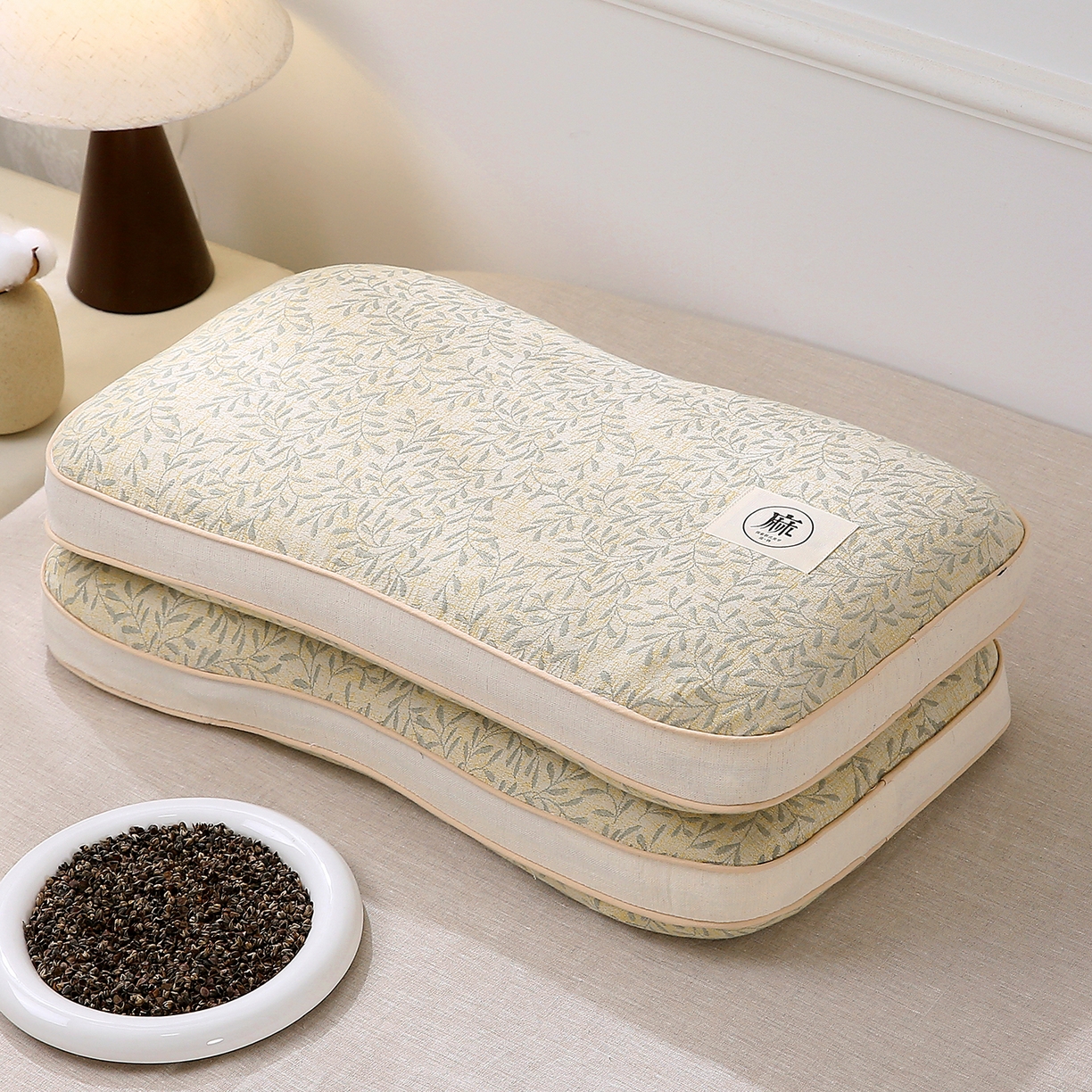 珍贝家纺 2026新款棉麻荞麦枕枕头枕芯 棉麻荞麦枕-柳叶花