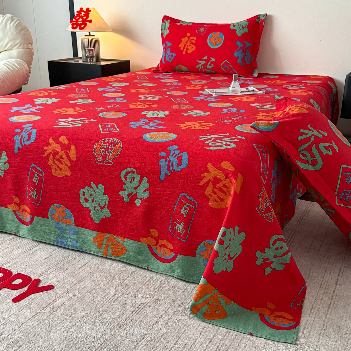 91家纺网 家纺一手货源 找家纺 卓缦家纺 2026新款百福床单结婚本命年婚庆送礼福字喜庆单床单床单单件 百福