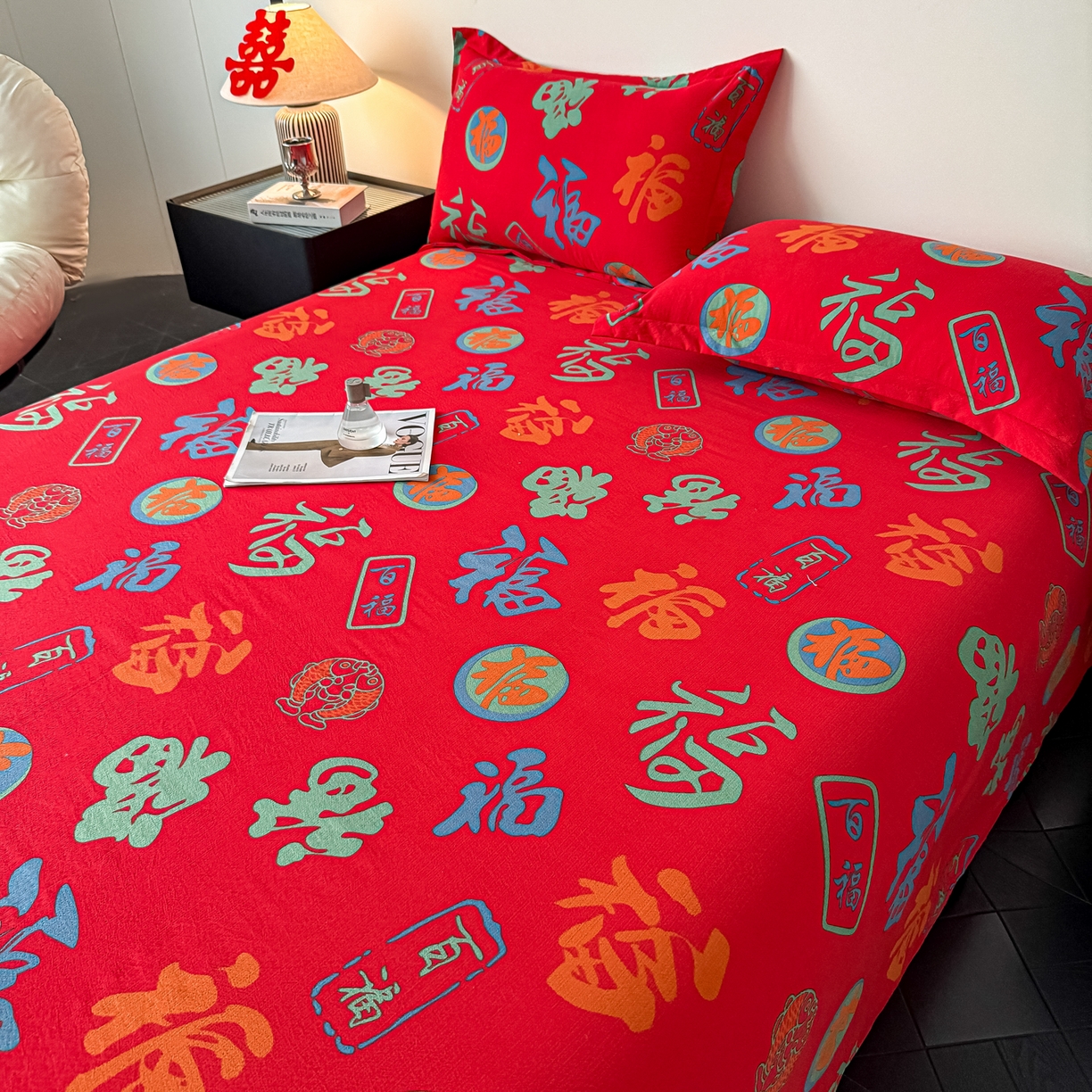 91家纺网 家纺一手货源 找家纺 卓缦家纺 2026新款百福床单结婚本命年婚庆送礼福字喜庆单床单床单单件 百福