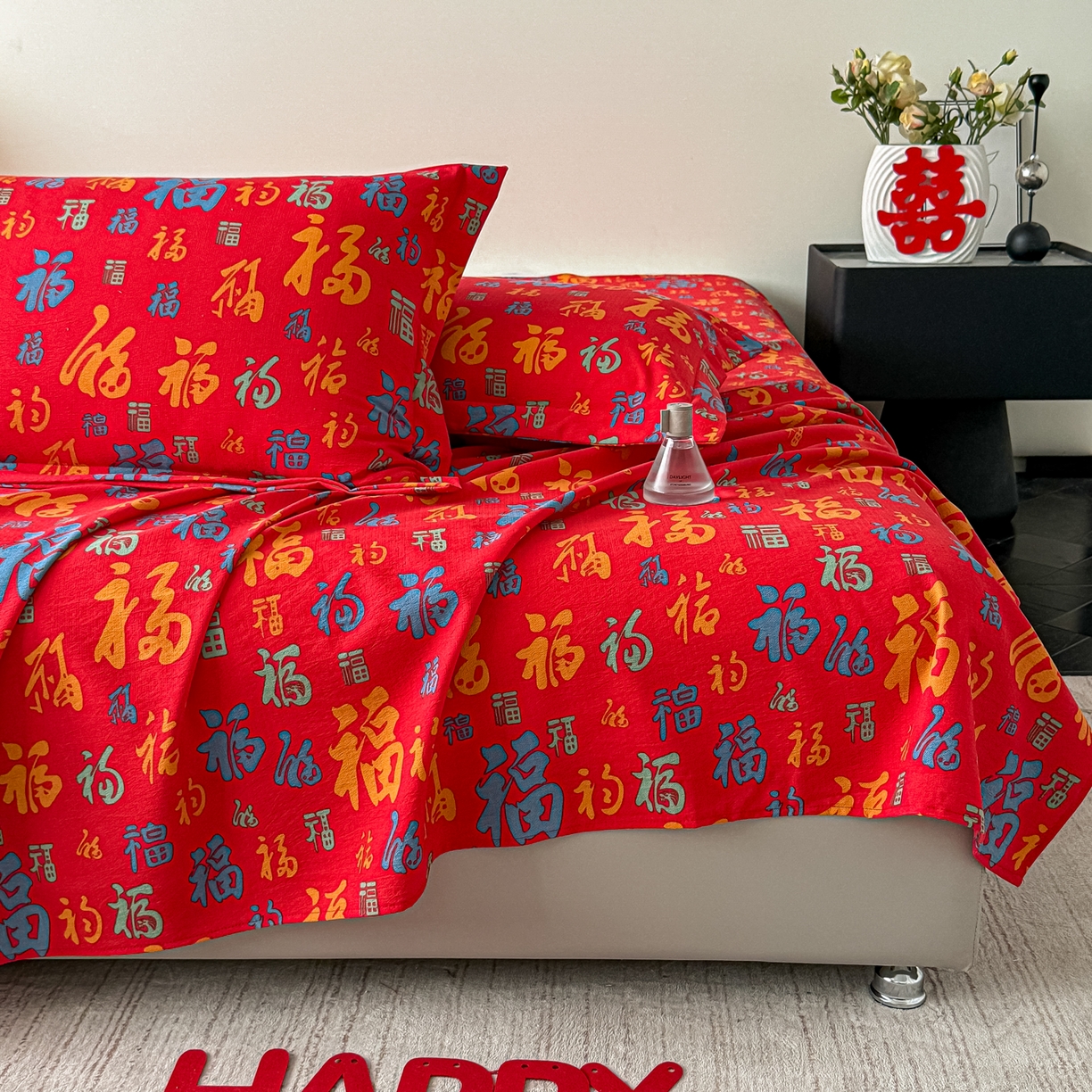 91家纺网 家纺一手货源 找家纺 卓缦家纺 2026新款百福床单结婚本命年婚庆送礼福字喜庆单床单床单单件 多福