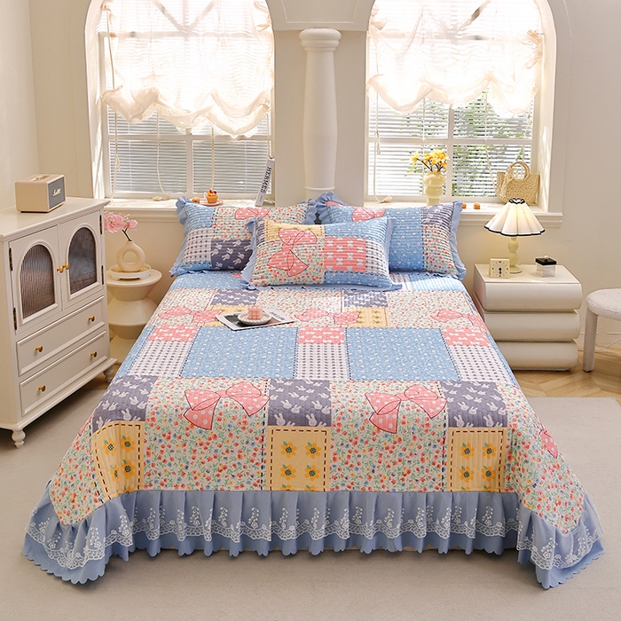 91家纺网 家纺一手货源 找家纺 彩亿家纺 2026春夏新品四季床盖泡芙棉双层纱蕾丝床裙加厚床单 爱丽丝