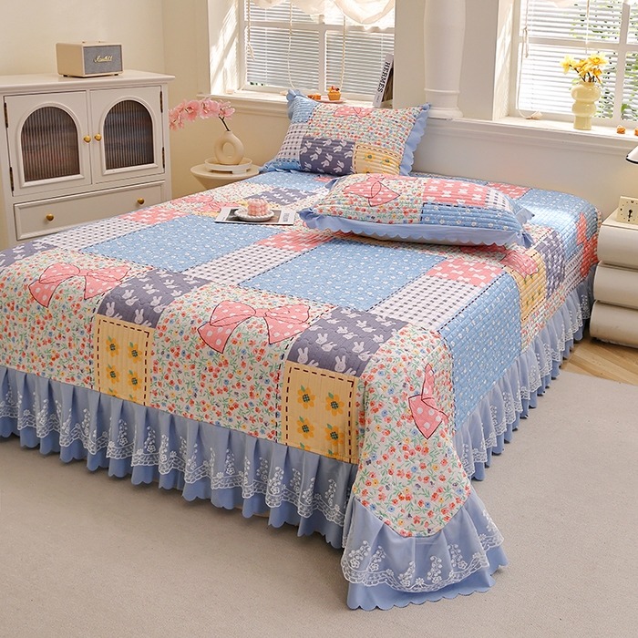 91家纺网 家纺一手货源 找家纺 彩亿家纺 2026春夏新品四季床盖泡芙棉双层纱蕾丝床裙加厚床单 爱丽丝