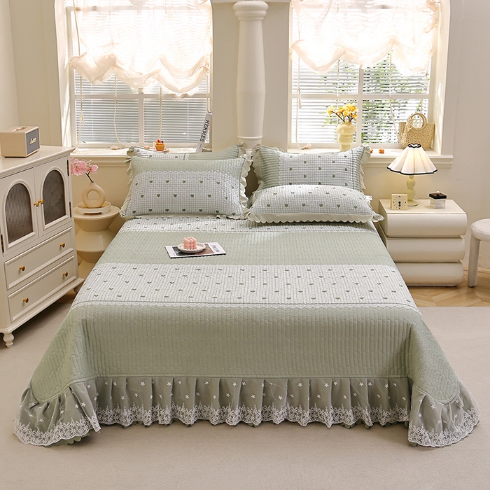 彩亿家纺 2026春夏新品四季床盖泡芙棉双层纱蕾丝床裙加厚床单 甜心绿