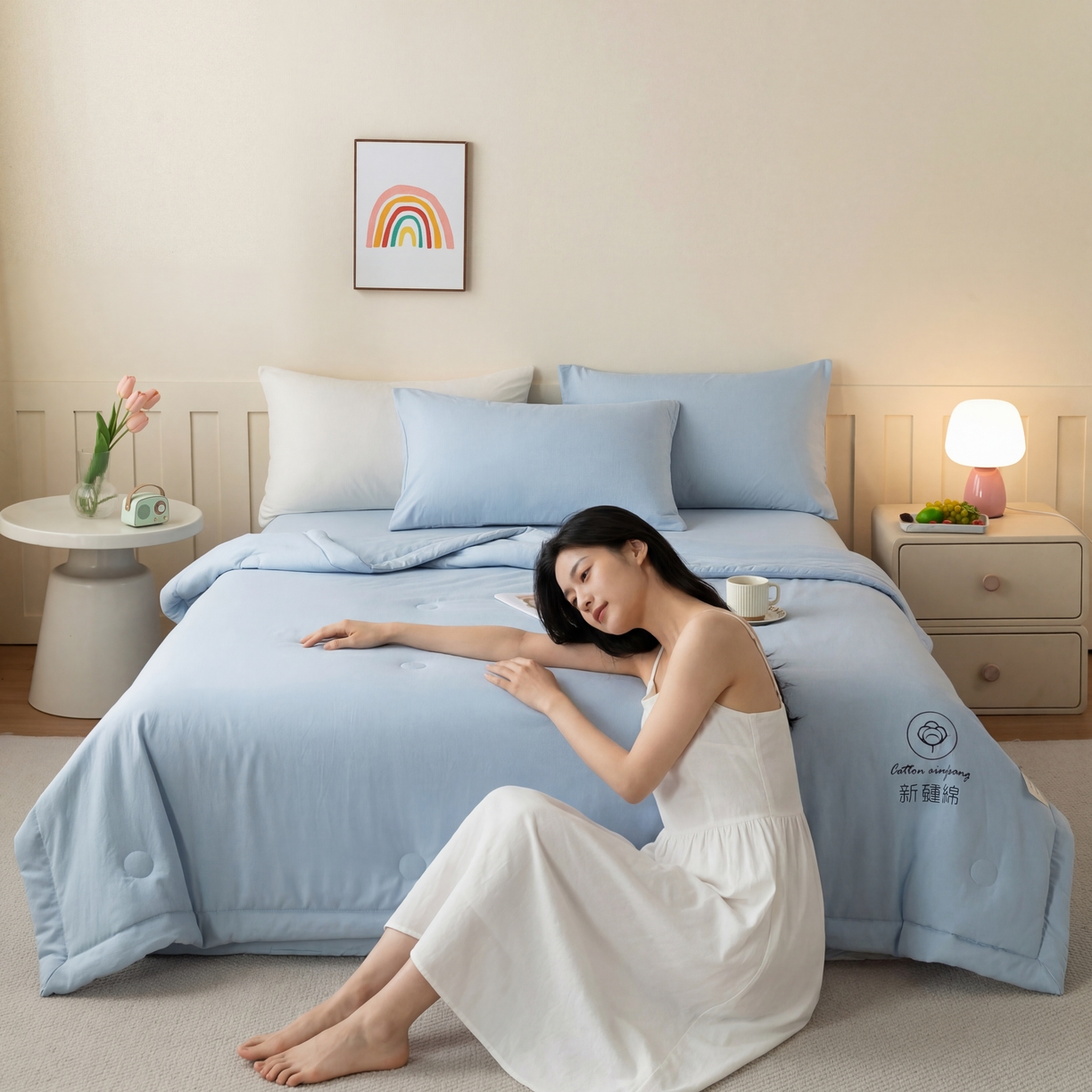 91家纺网 家纺一手货源 找家纺 几禾 2026春夏新款纯色水洗棉双拼夏被新疆棉花被夏凉被空调被被子被芯 纯色-天蓝