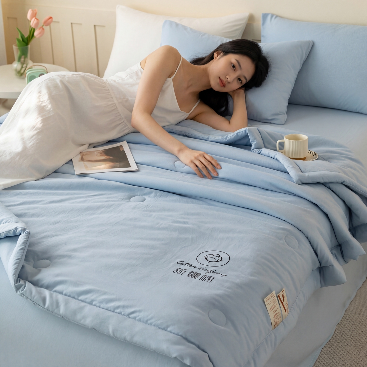 91家纺网 家纺一手货源 找家纺 几禾 2026春夏新款纯色水洗棉双拼夏被新疆棉花被夏凉被空调被被子被芯 纯色-天蓝