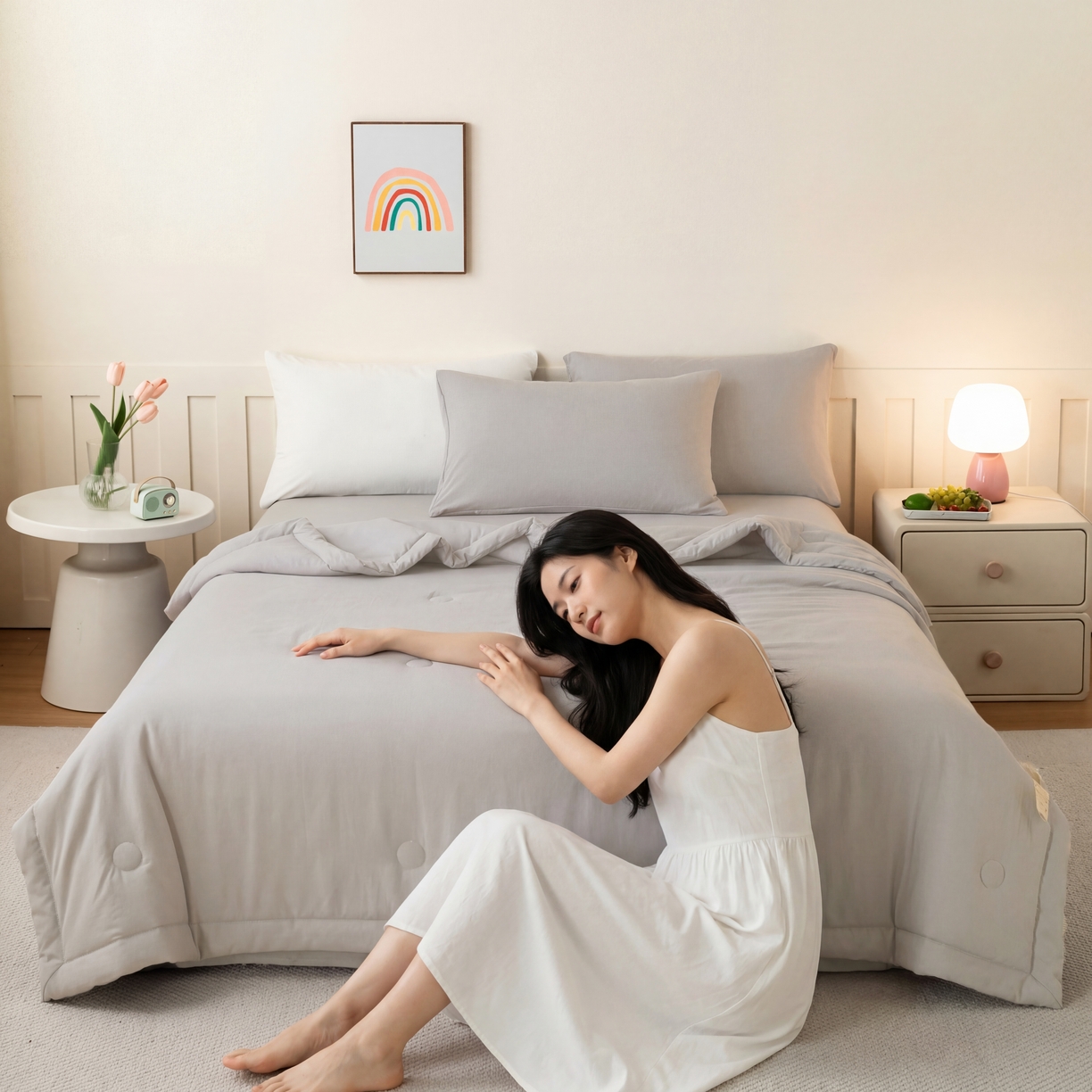 91家纺网 家纺一手货源 找家纺 几禾 2026春夏新款纯色水洗棉双拼夏被新疆棉花被夏凉被空调被被子被芯 纯色-浅灰