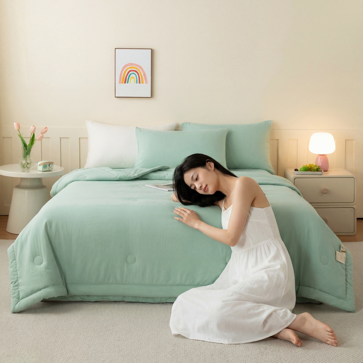 91家纺网 家纺一手货源 找家纺 几禾 2026春夏新款纯色水洗棉双拼夏被新疆棉花被夏凉被空调被被子被芯 纯色-浅绿