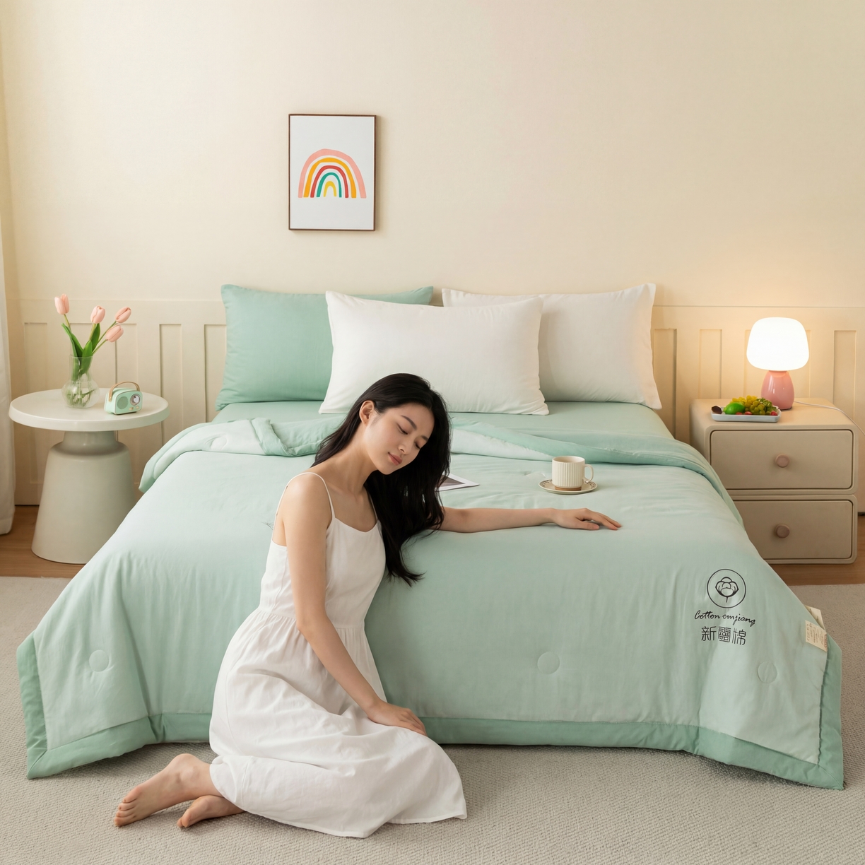 91家纺网 家纺一手货源 找家纺 几禾 2026春夏新款纯色水洗棉双拼夏被新疆棉花被夏凉被空调被被子被芯 纯色-浅绿