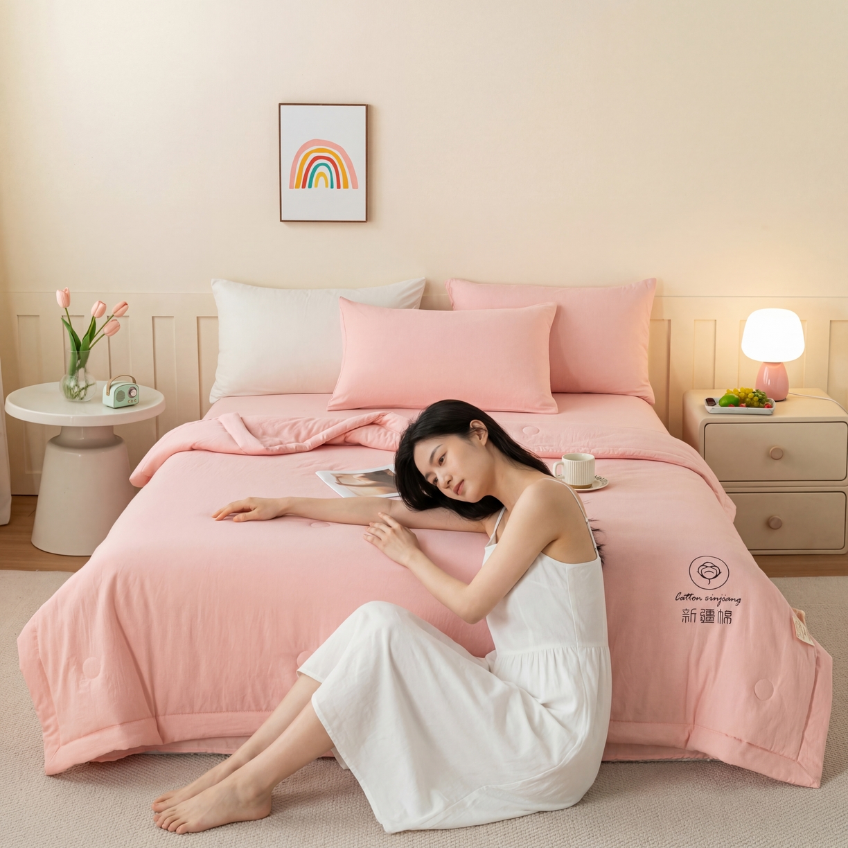 91家纺网 家纺一手货源 找家纺 几禾 2026春夏新款纯色水洗棉双拼夏被新疆棉花被夏凉被空调被被子被芯 纯色-粉色