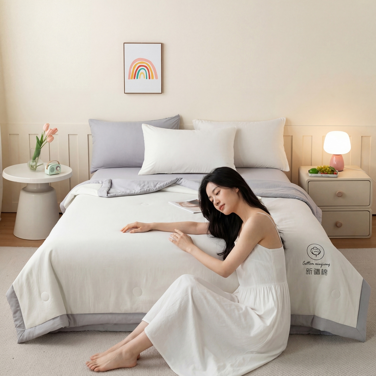 91家纺网 家纺一手货源 找家纺 几禾 2026春夏新款纯色水洗棉双拼夏被新疆棉花被夏凉被空调被被子被芯 双拼-白灰