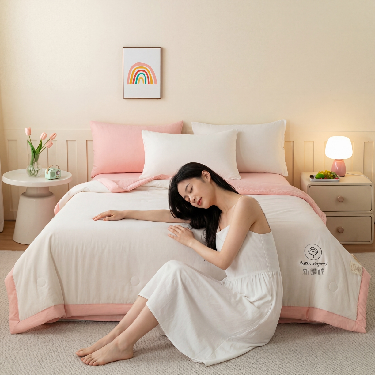 91家纺网 家纺一手货源 找家纺 几禾 2026春夏新款纯色水洗棉双拼夏被新疆棉花被夏凉被空调被被子被芯 双拼-白粉