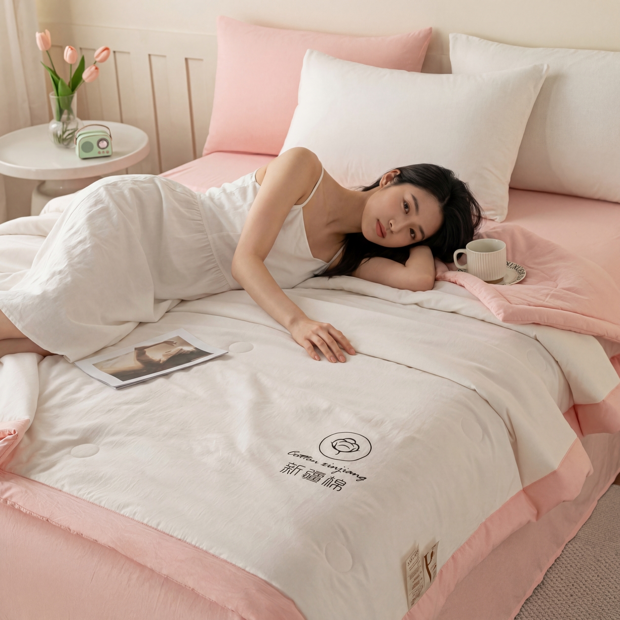 91家纺网 家纺一手货源 找家纺 几禾 2026春夏新款纯色水洗棉双拼夏被新疆棉花被夏凉被空调被被子被芯 双拼-白粉