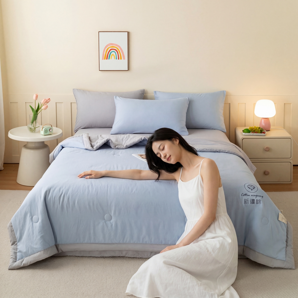 91家纺网 家纺一手货源 找家纺 几禾 2026春夏新款纯色水洗棉双拼夏被新疆棉花被夏凉被空调被被子被芯 双拼-蓝灰