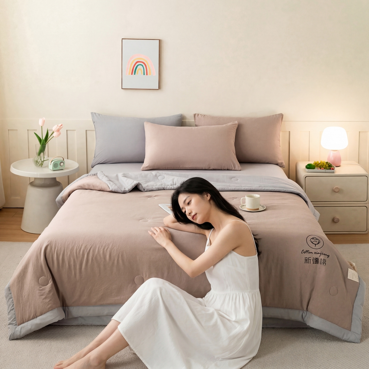 91家纺网 家纺一手货源 找家纺 几禾 2026春夏新款纯色水洗棉双拼夏被新疆棉花被夏凉被空调被被子被芯 双拼-卡其灰